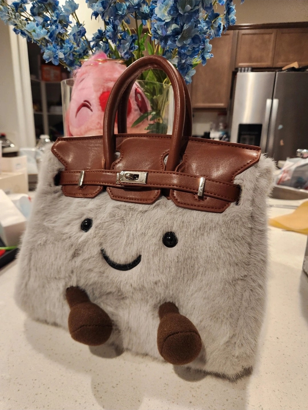 Luxury Plush Furry Tote Bag with Brown Trim - Gray